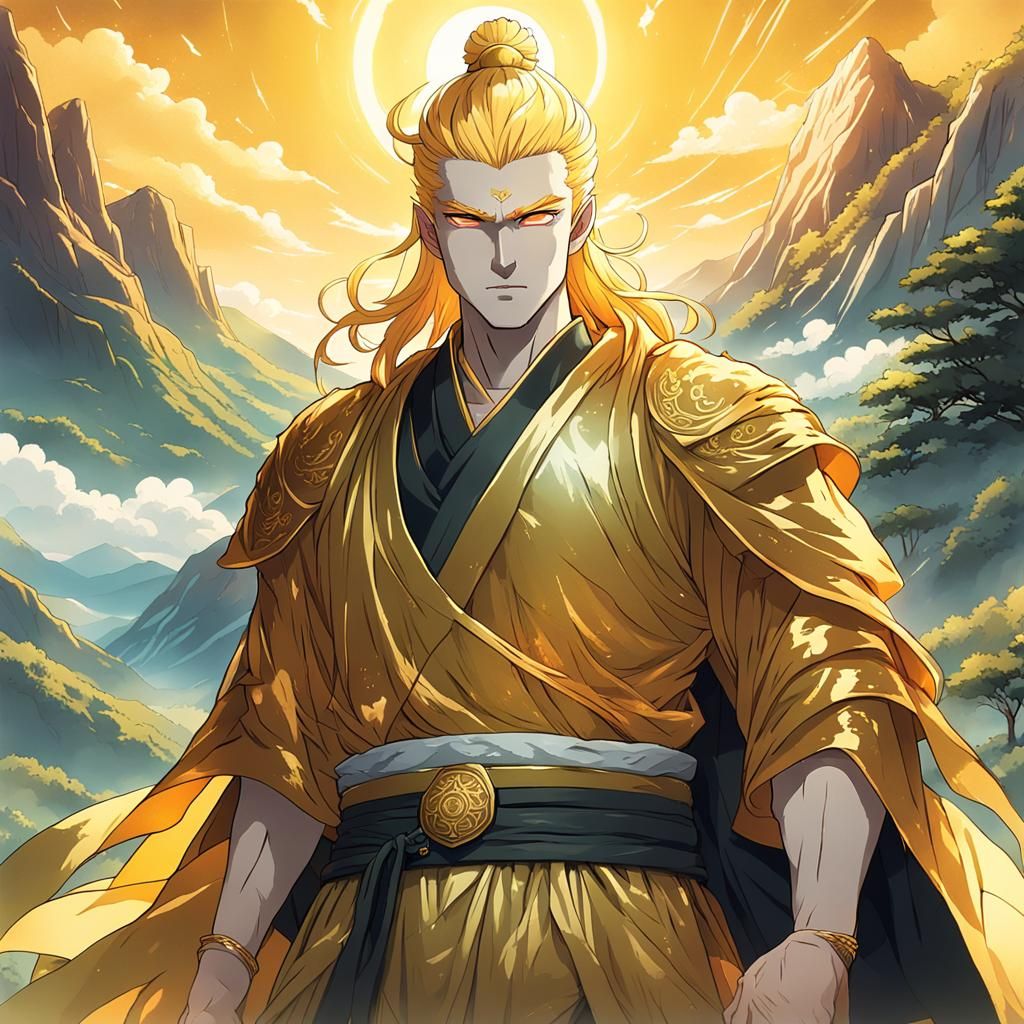 Golden Aura Man in Mountain Landscape, Manhwa Style