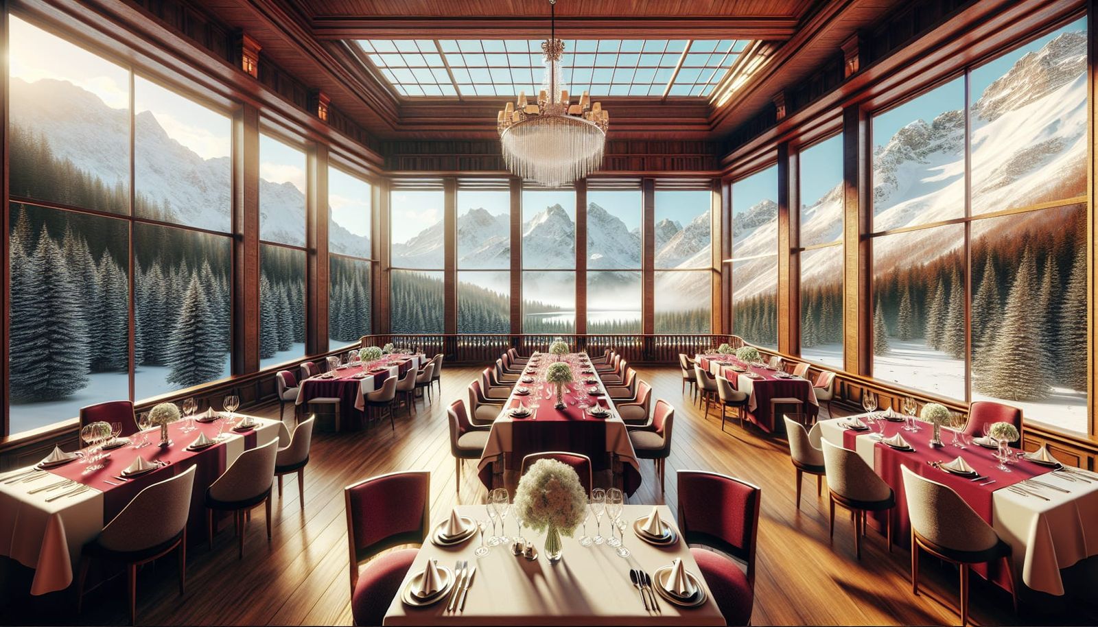 Elegant Dining Room with Snowy Mountain View
