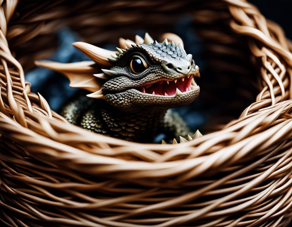 Adorable Baby Dragon in Wicker Basket