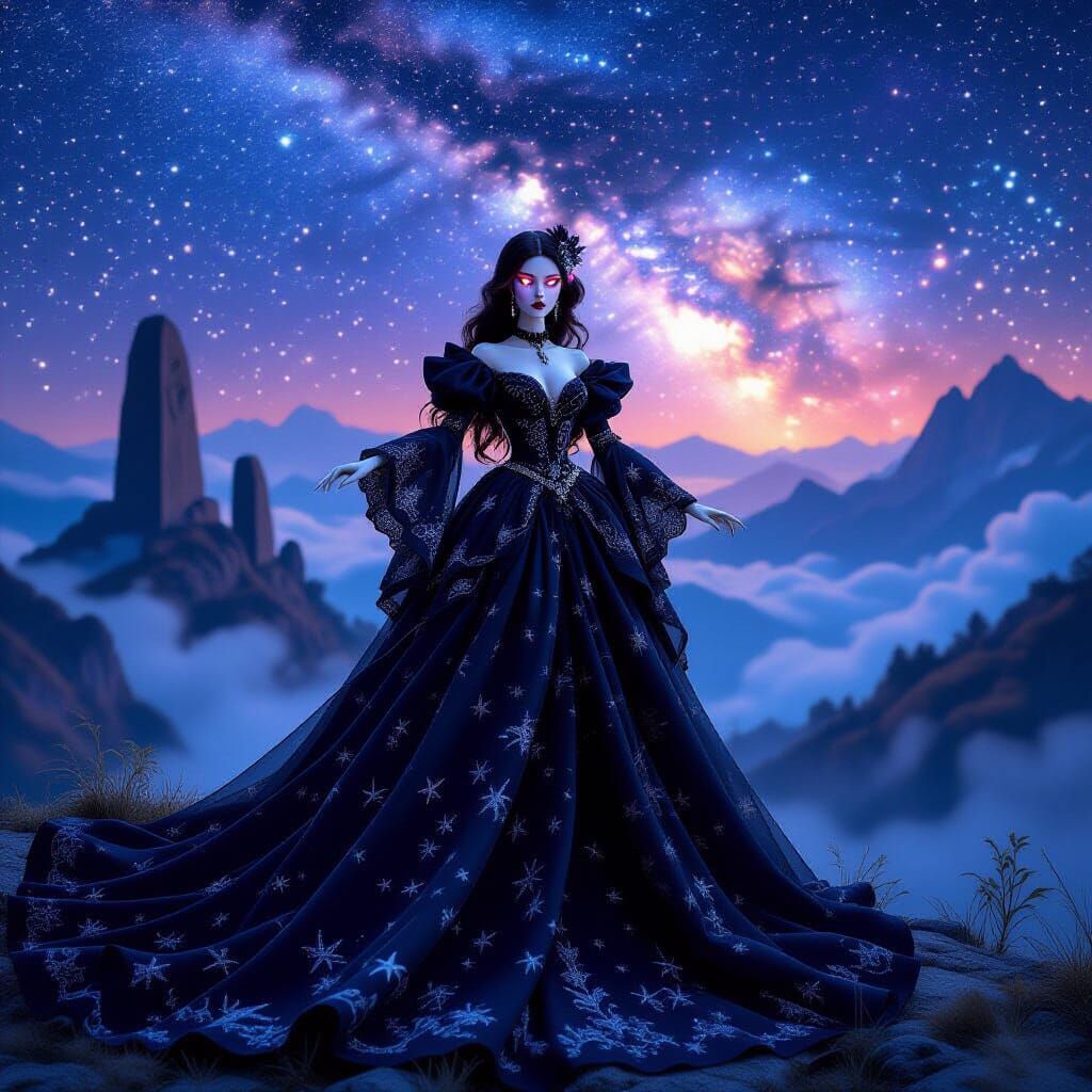 Gothic Fashion Doll Posing Under Starlit Sky