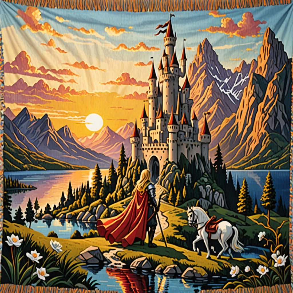 Fantasy Castle Tapestry with Knight at Sunset