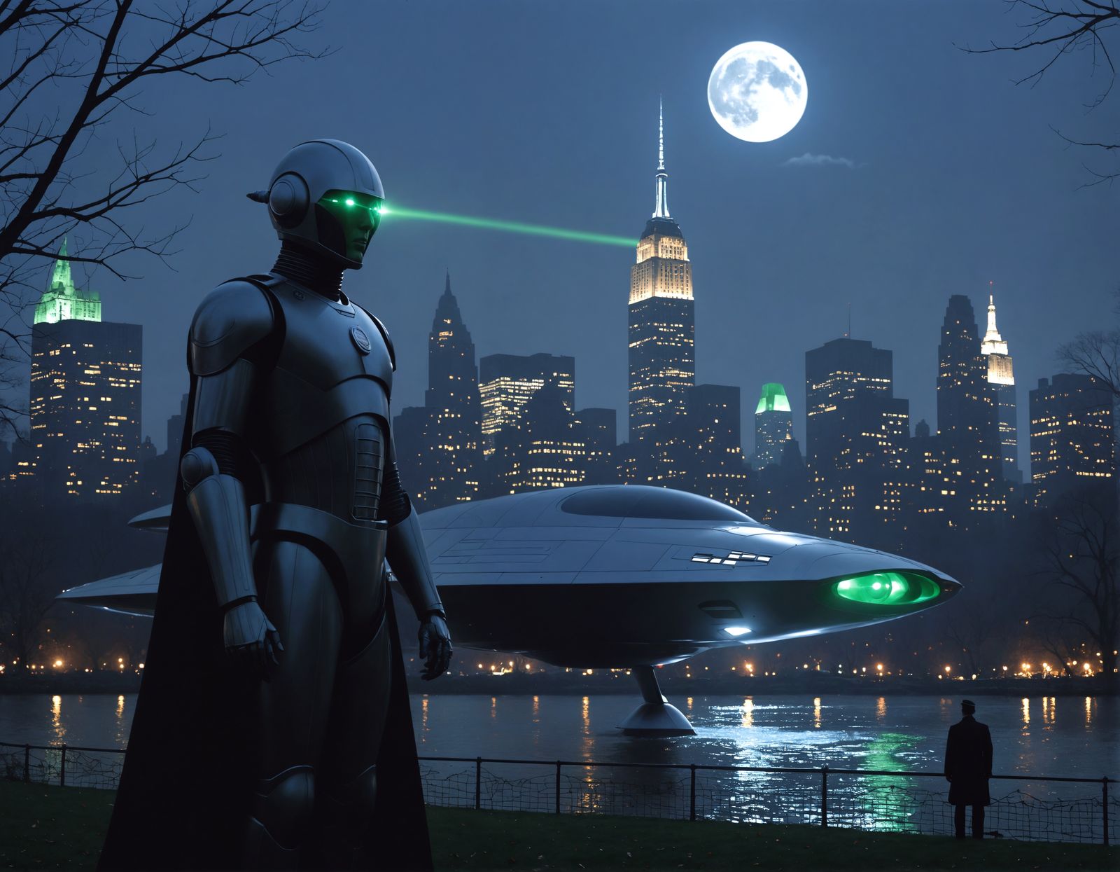 Imagine: "The Day The Earth Stood Still" Gort guards Klaatu's spaceship, Gort's singular electronic green-laser eye shin...