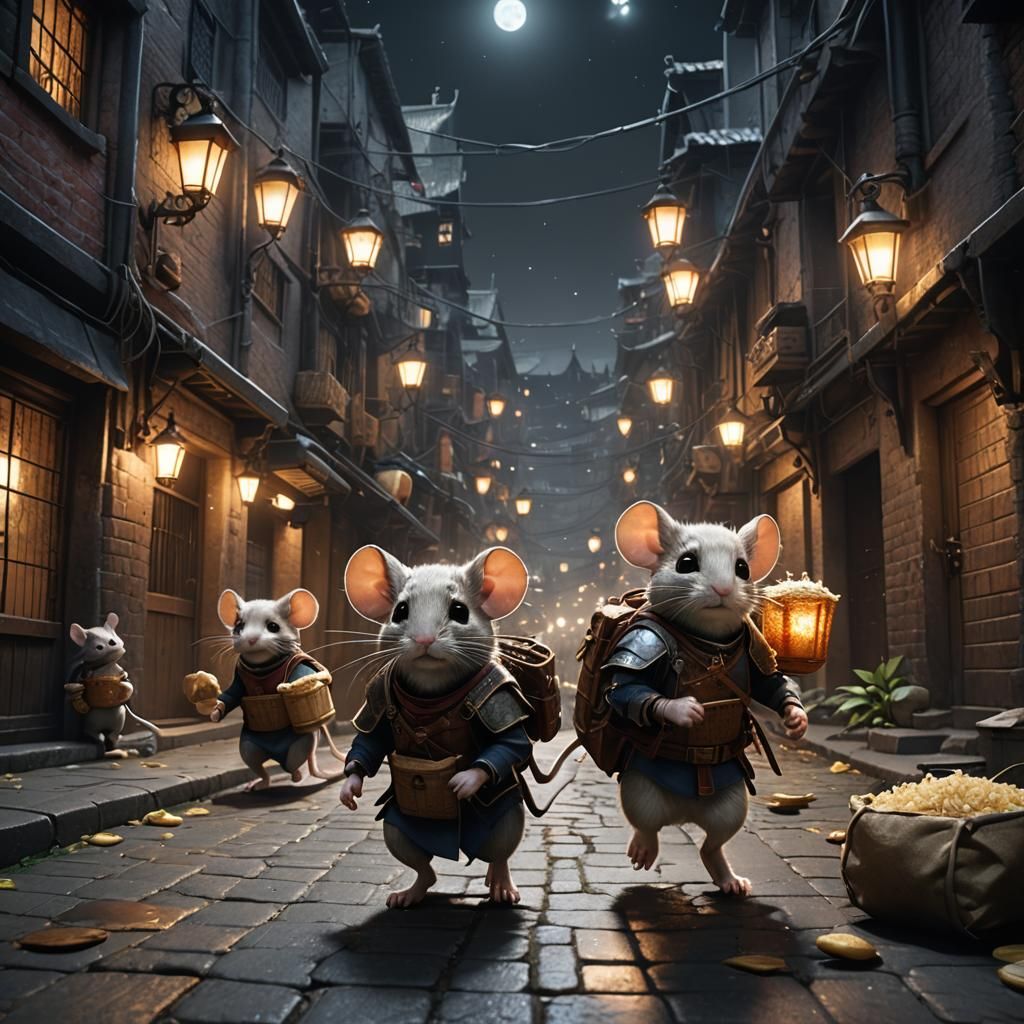 Mice Carry Rice in Dark Alley: Matte Painting