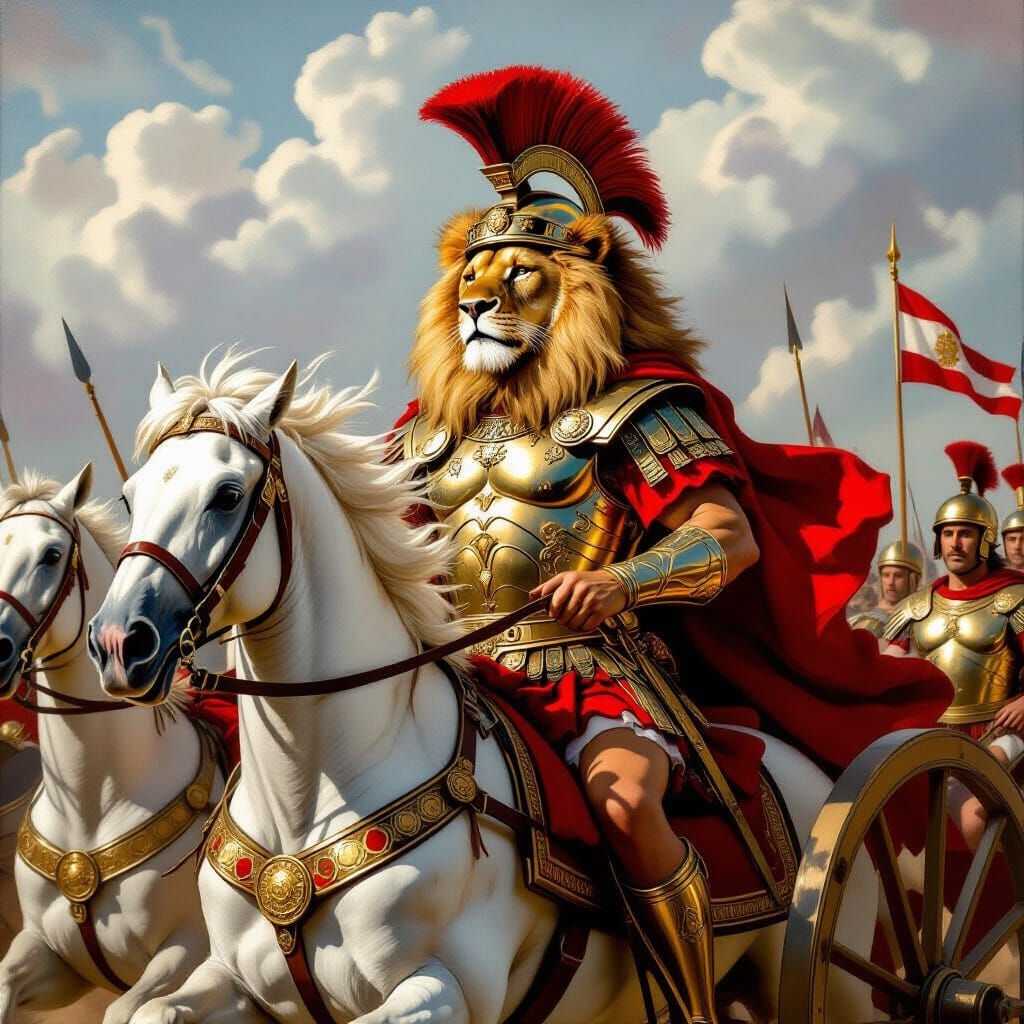 Lion as Roman General Leading Troops in War Painting Style