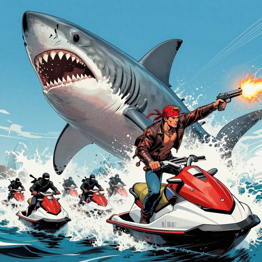 Action Hero Jumps Megalodon in Comic Art Style