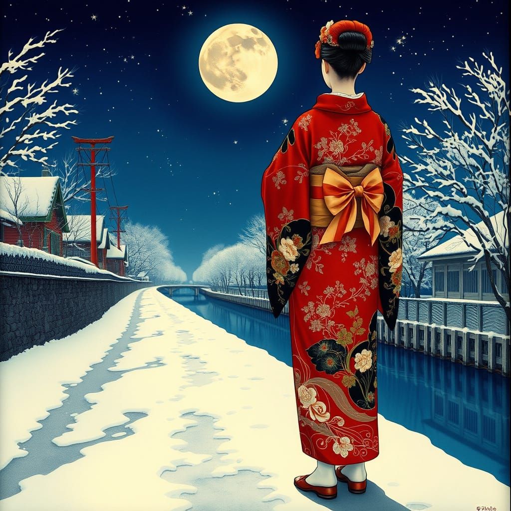 Japanese Woman in Kimono Under Moonlight: Art Nouveau Style