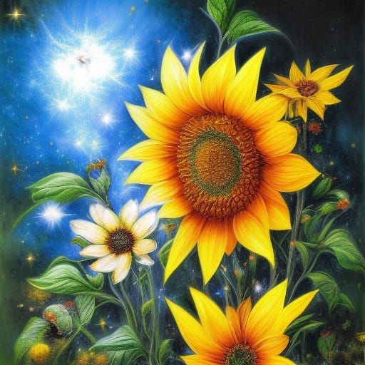 Radiant Sunflower with Light Particles in Fantasy Style