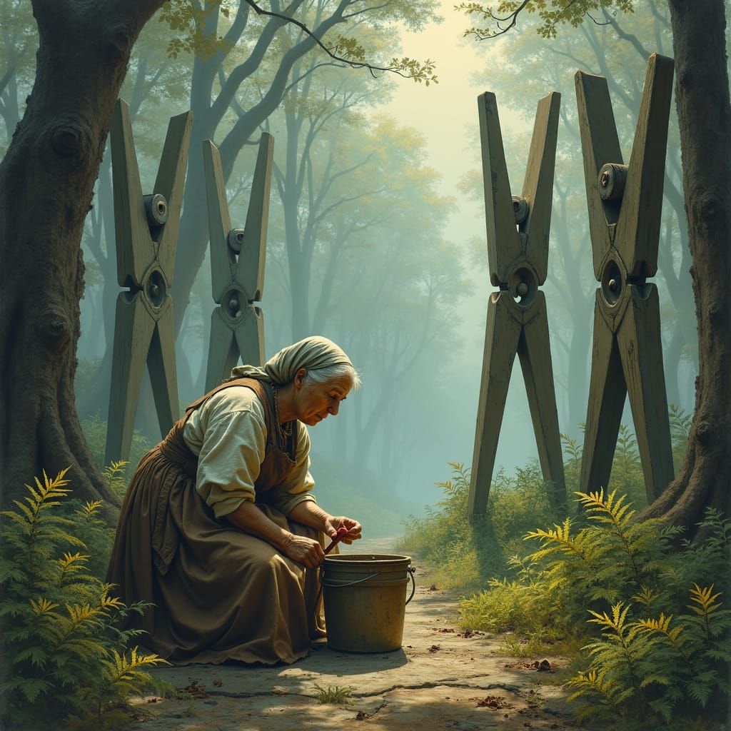 A tired old Russian woman in babushka and apron is enclosed ...