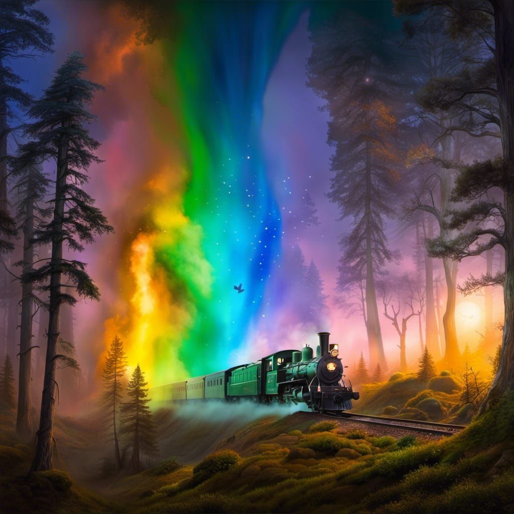 Enchanted Train in Pointillist Forest