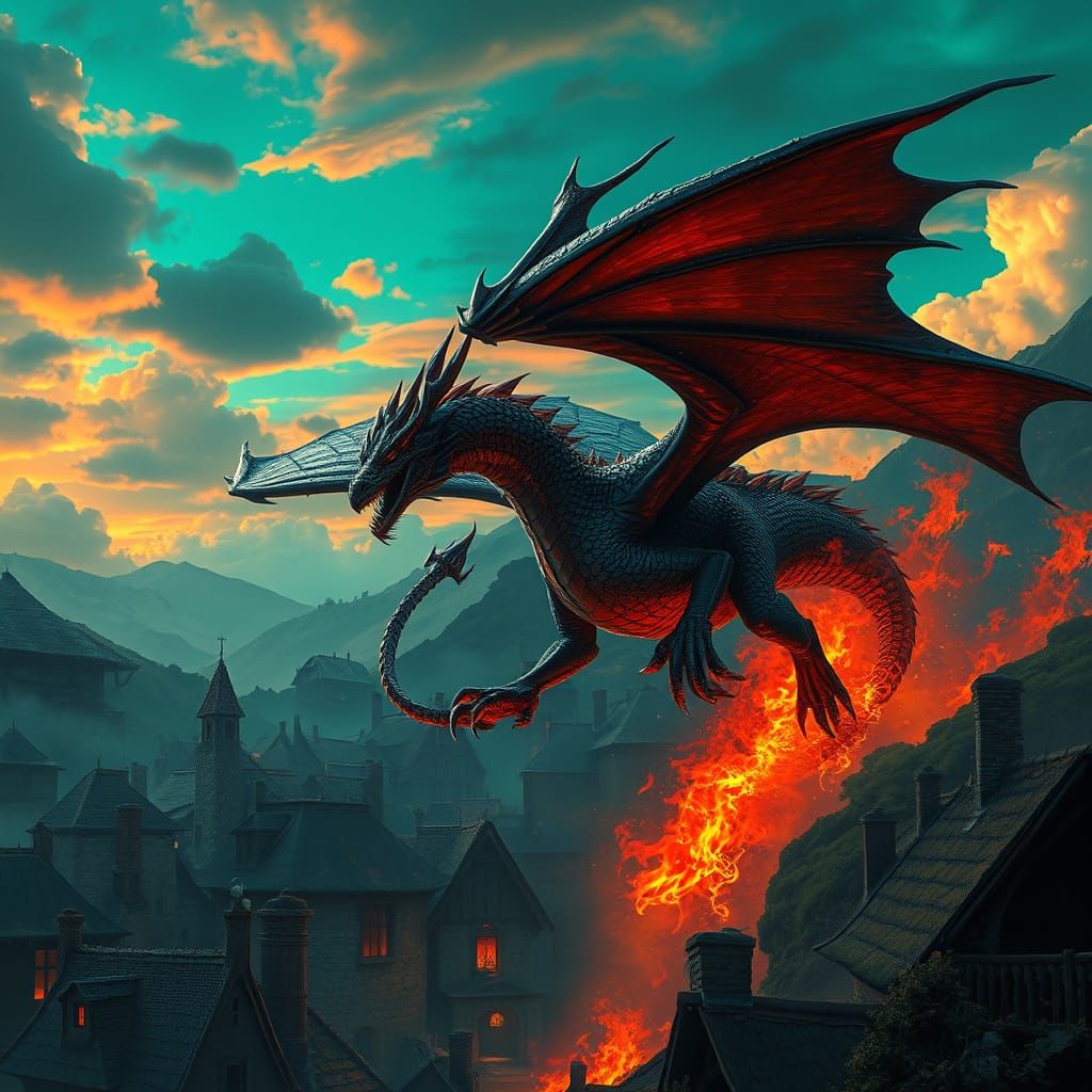 Majestic Dragon Soars Over Medieval Town in Fiery Splendor