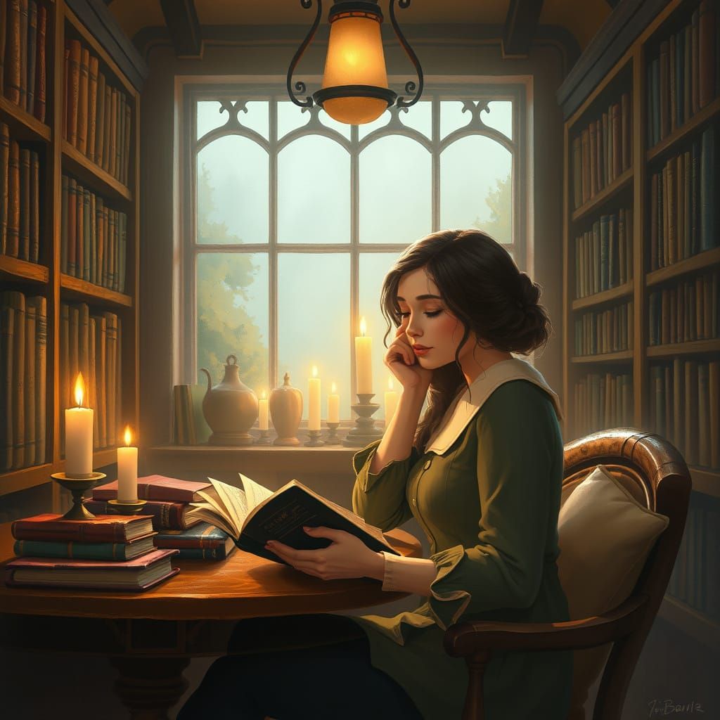 Cozy Library ASMR in Atmospheric Illustration Style