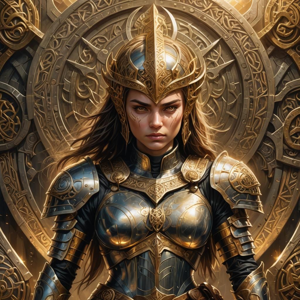 Armored Woman with Swords and Shields in Fantasy Art Style