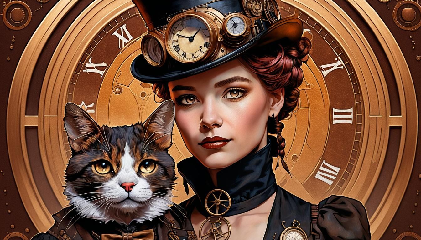 Steampunk Dorothy and Toto Portrait in Art Nouveau Style