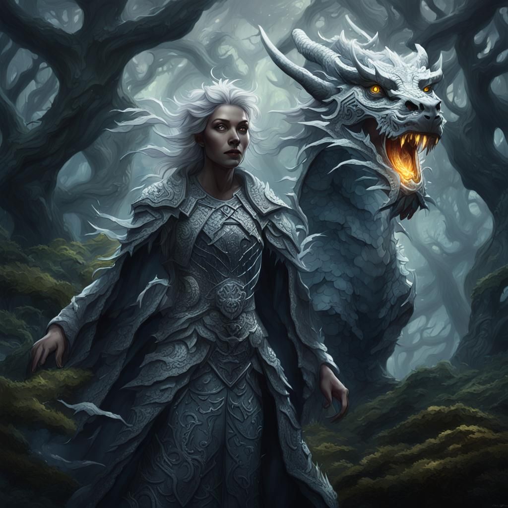 Dragonborn Druid Summons Storm in Art Nouveau Style