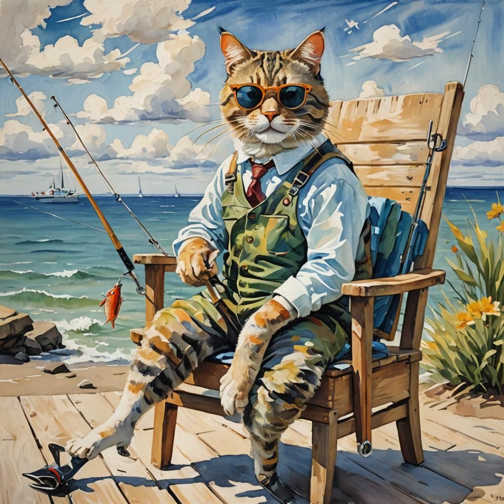 Anthropomorphic Cat Fishing in Post-Impressionist Style