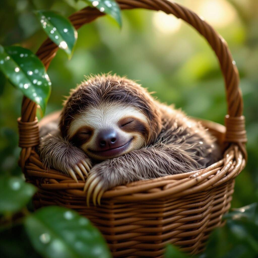 Cute Baby Sloth Sleeps in Wicker Basket in Morning Light