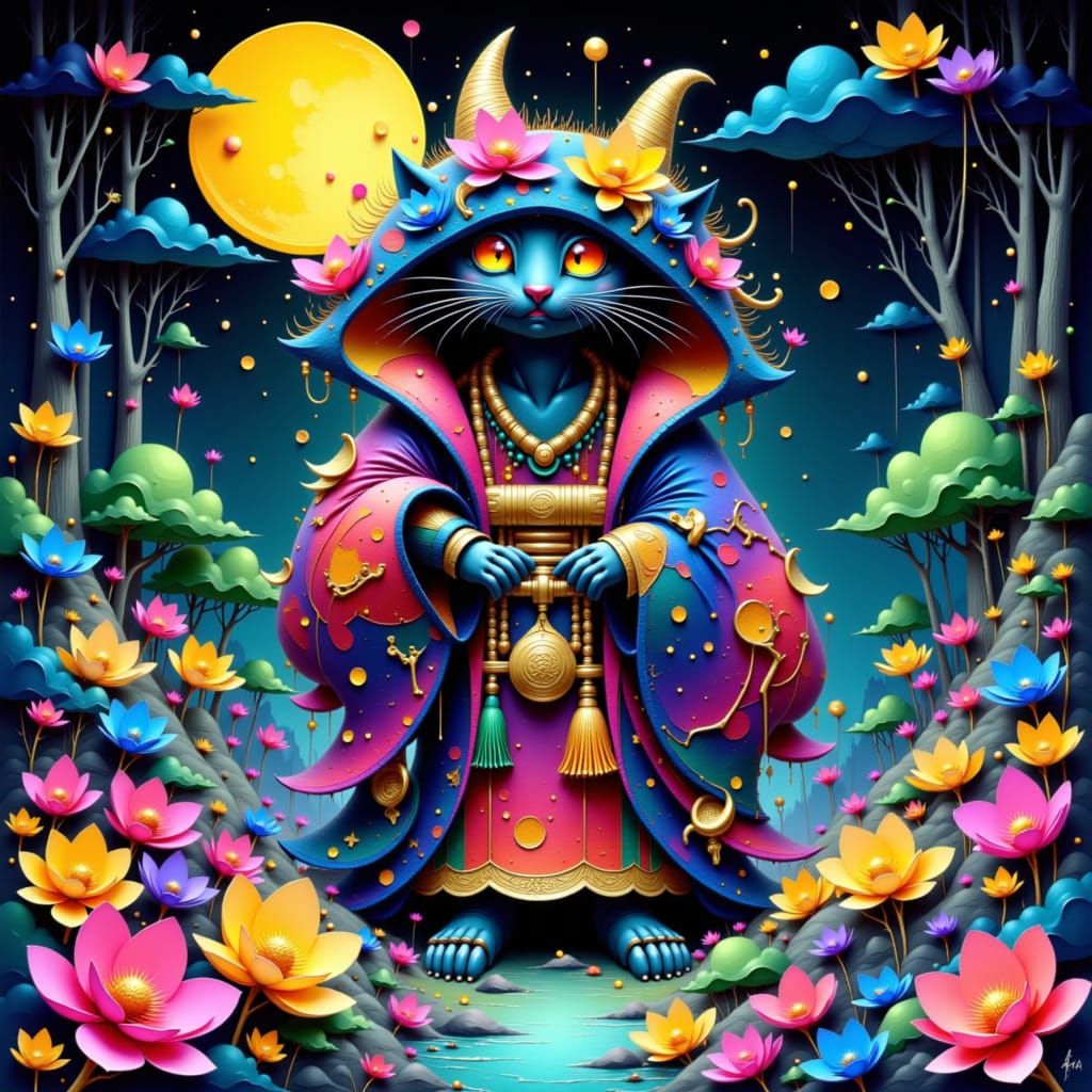 Mystical Yōkai in Moonlit Forest, Pop Art Illustration