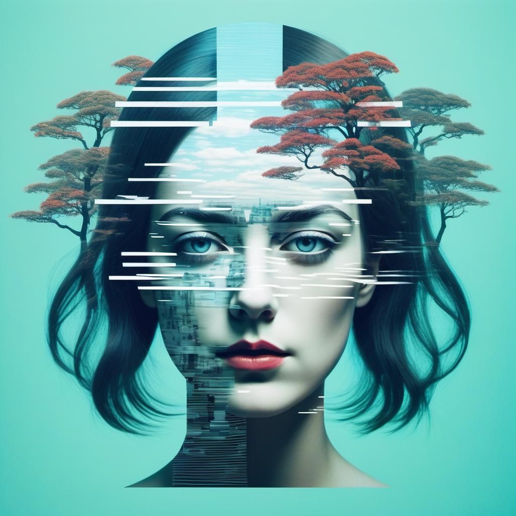 Surreal Glitching Machine Girl Double Exposure