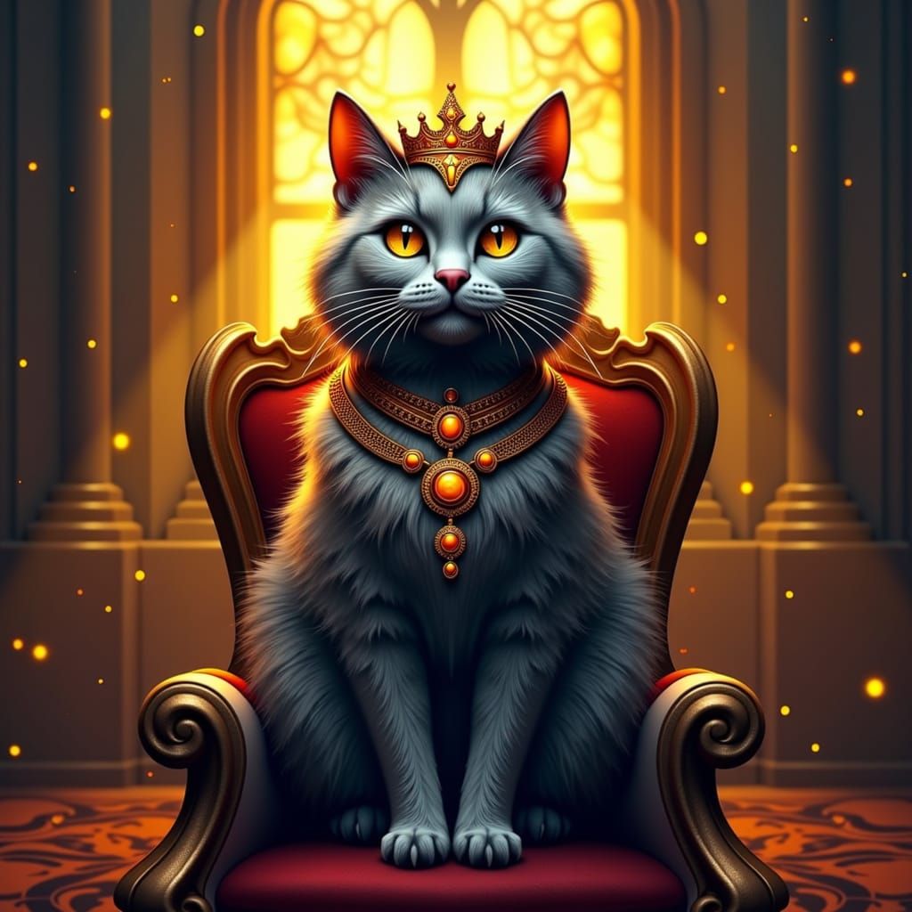 Majestic Cat King on Throne in Grand Hall