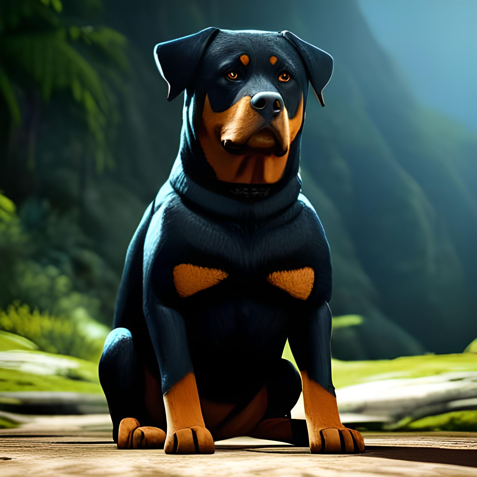 Meditating Rottweiler in 3D Cinematic Style