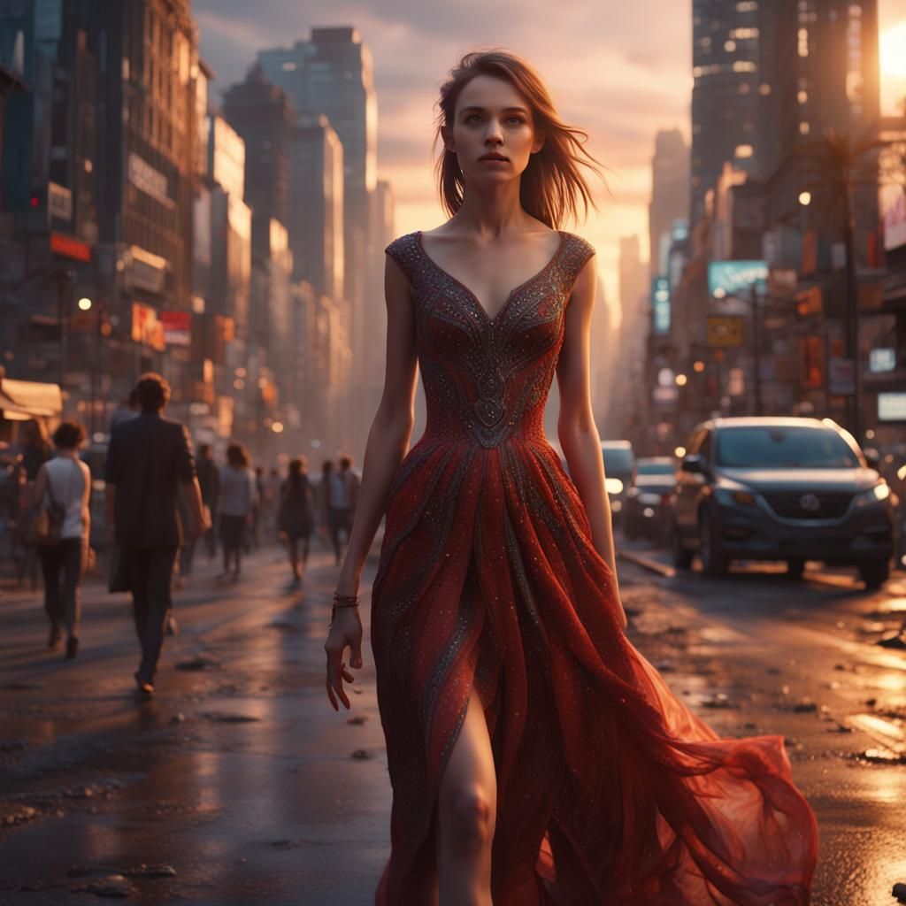 Girl in Designer Dress at Sunset, Detailed Matte Painting