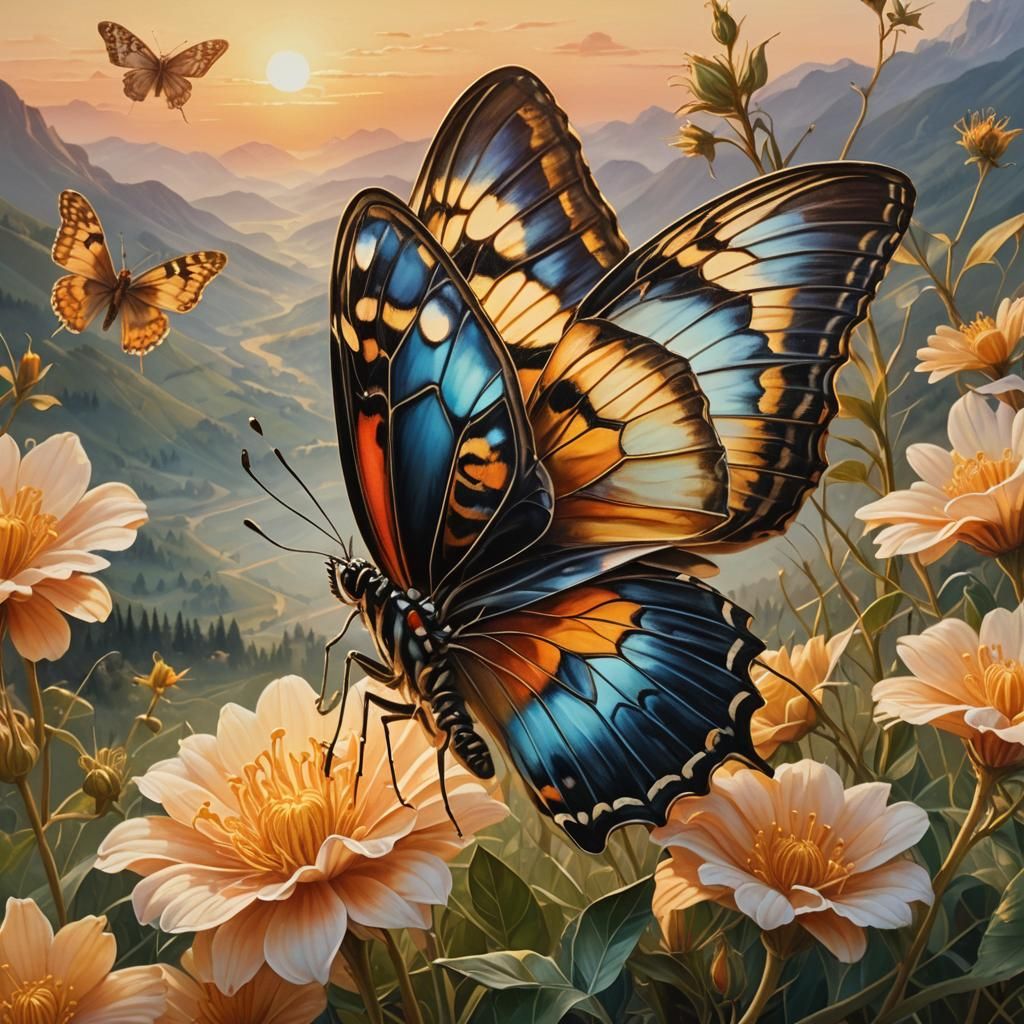 Butterfly Emerges at Sunset: Hyperrealistic Oil Painting