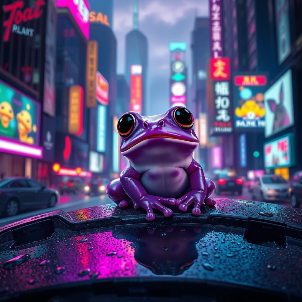 Whimsical Neon Frog in Dystopian Cityscape