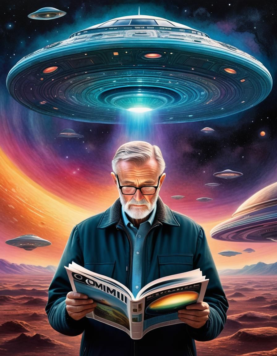 Man Reading Sci-Fi Magazine in Watercolor Style