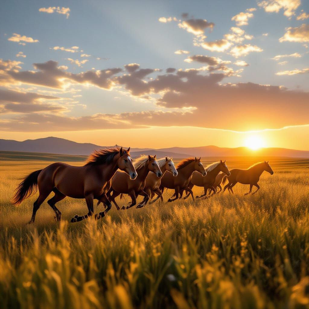 Wild Horses Gallop at Sunset: Photorealistic Wide-Angle Shot