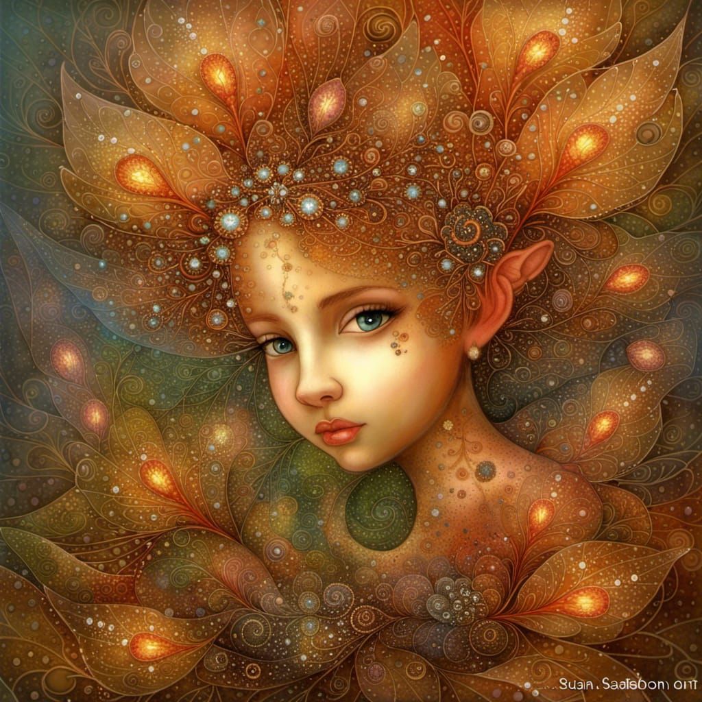 Fire Fairies on Fractal Flowers in Spectral Suminagashi Styl...