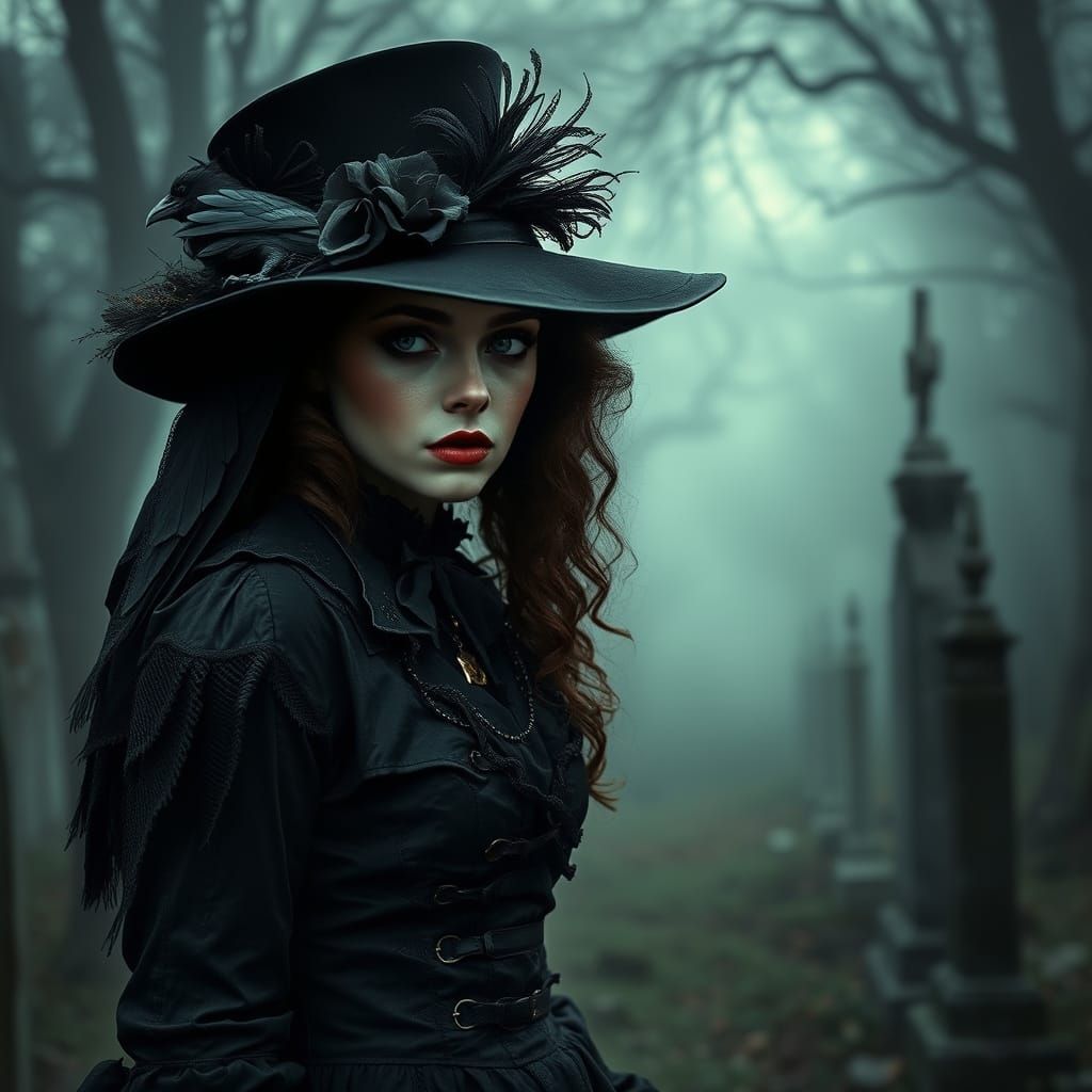 Gothic Woman in Cemetery at Midnight
