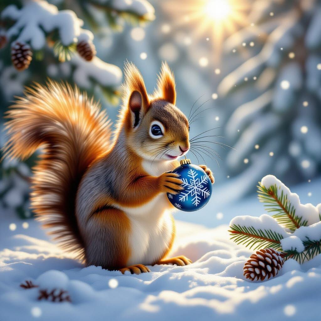 Squirrel Holding Christmas Ball in Snowy Forest