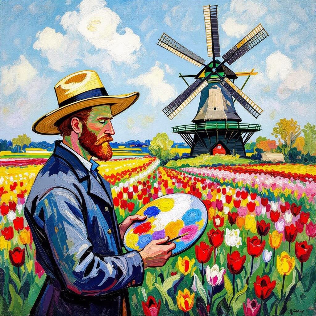 Dutch Tulip Fields: A Post-Impressionistic Scene