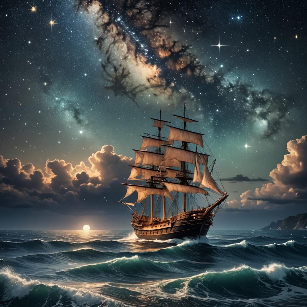 Ship Sails Under a Starry Night Sky