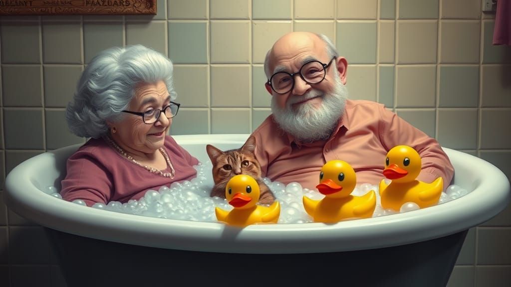 Mischievous Grandma and Grandpa Bubble Bathing with Whimsica...