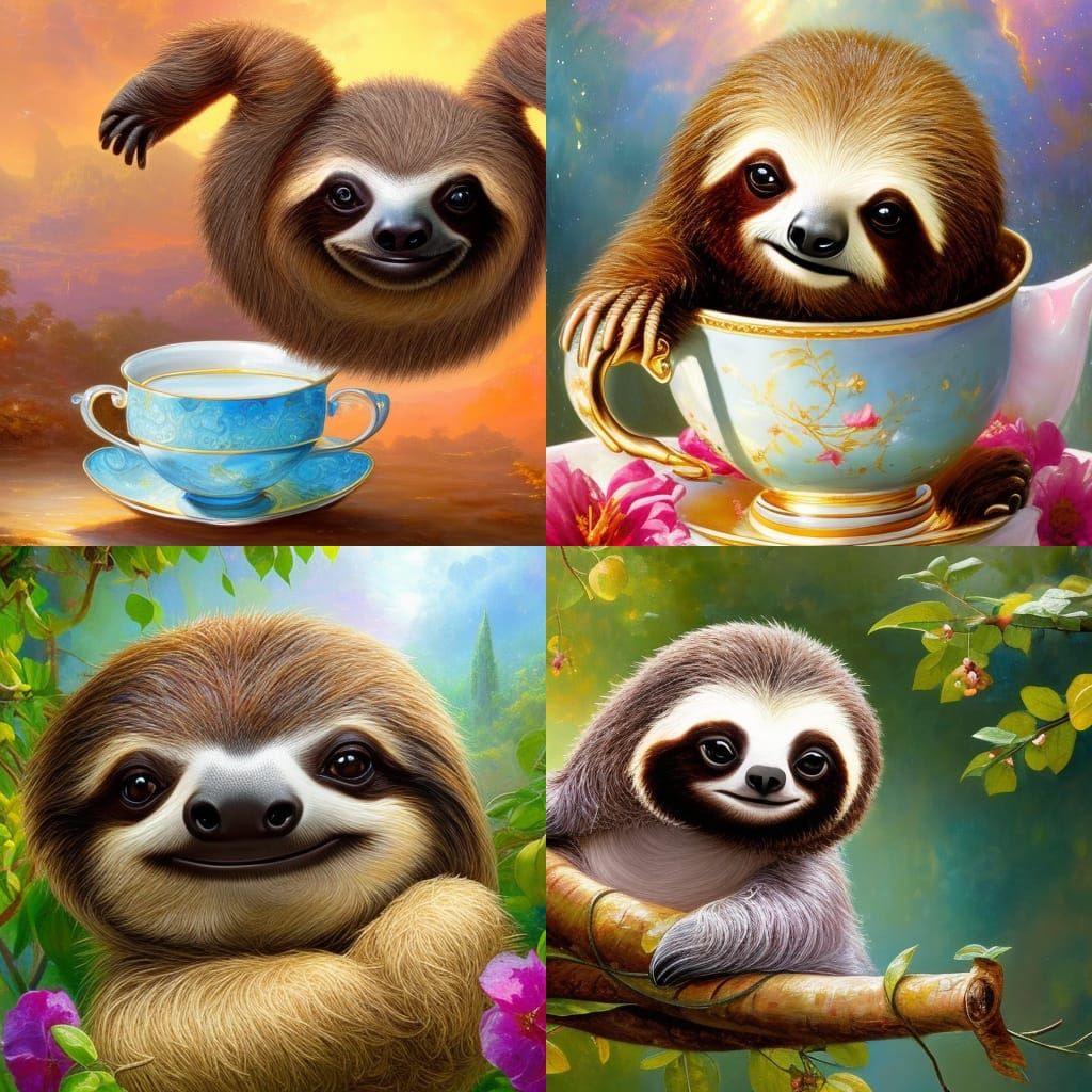 Baby Sloth in Teacup: Hyperrealistic Digital Art