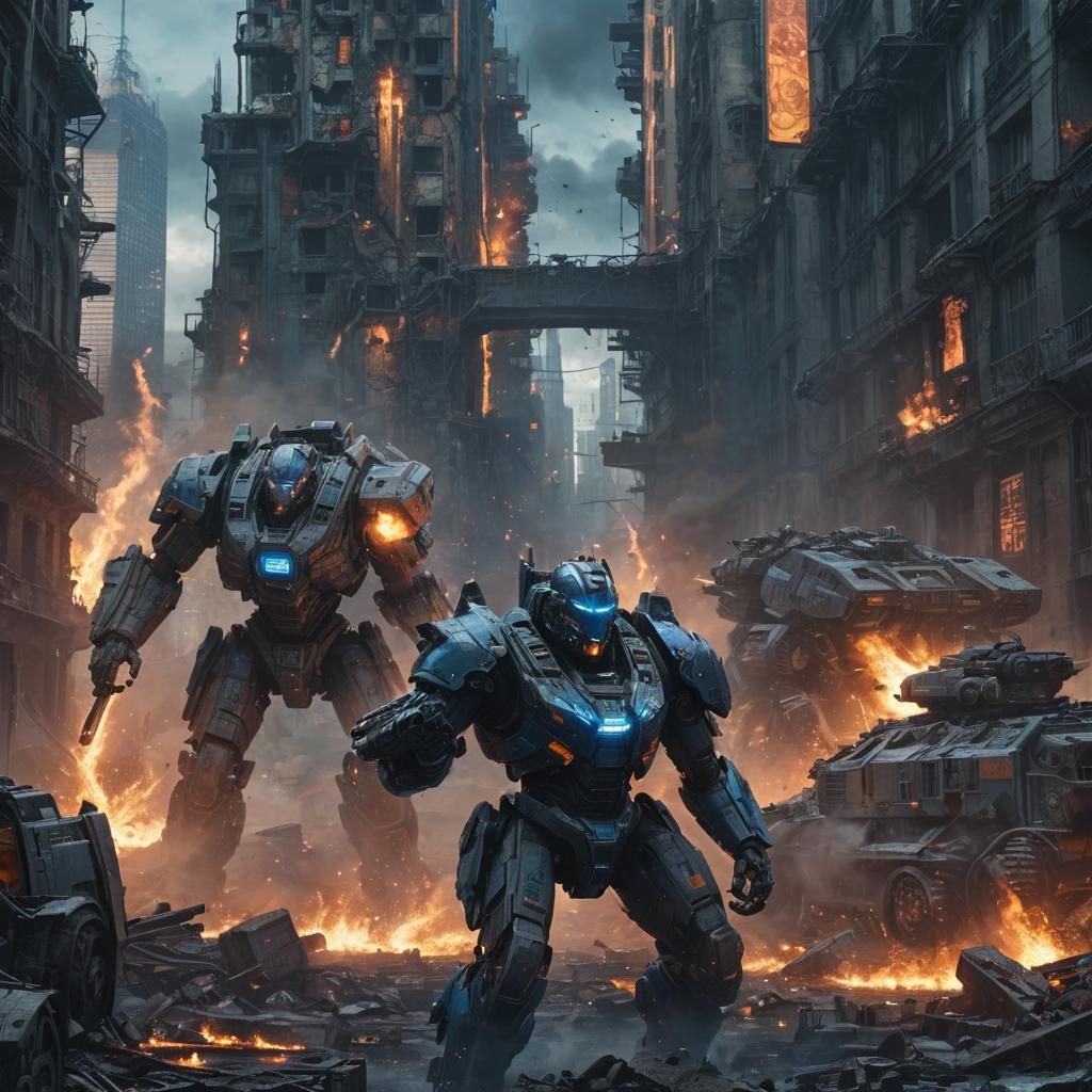 Futuristic War Machines Battle in Ruined Cityscape
