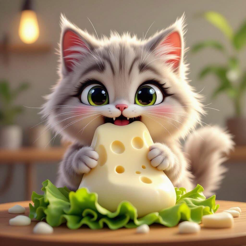 Meme Cat Enjoys Mozzarella and Lettuce in 3D Cartoon Style