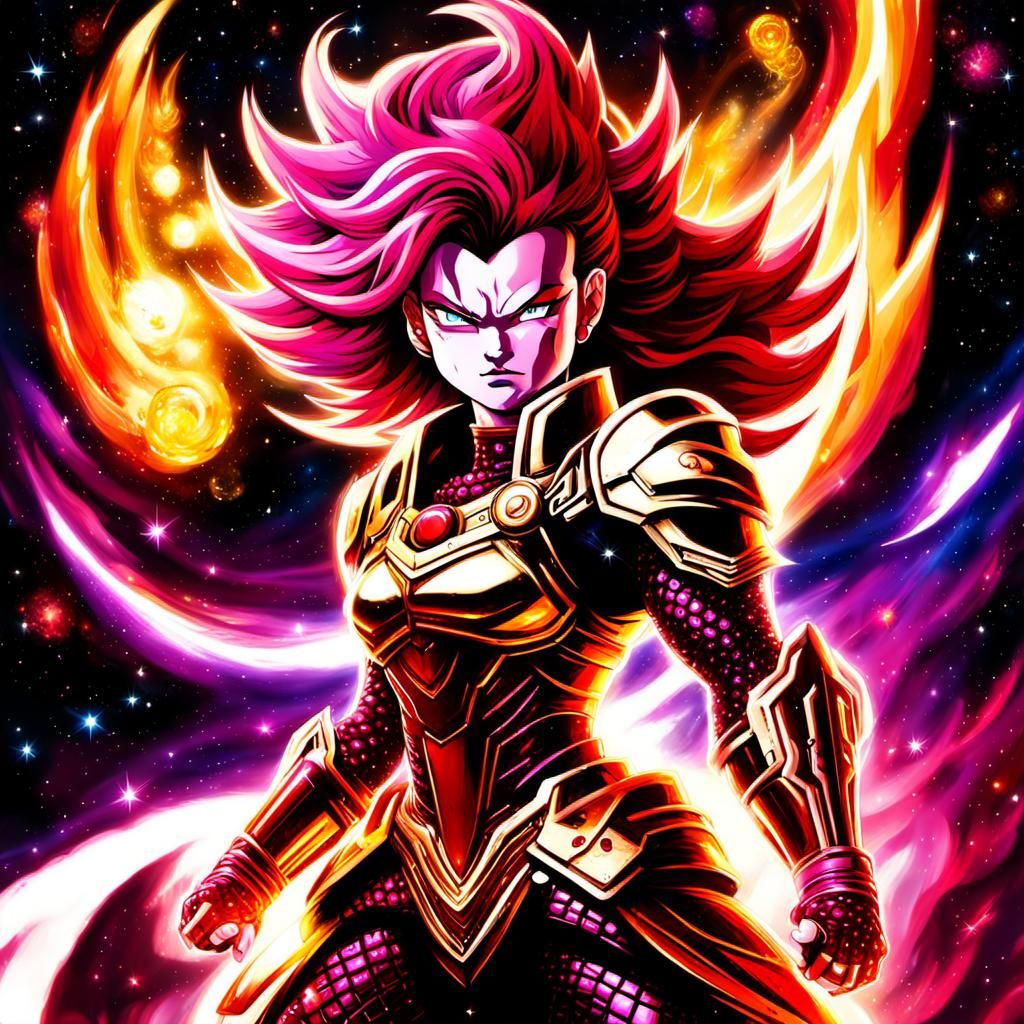 Cosmic Saiyan Heroine with Nebula Hair, Surreal Art