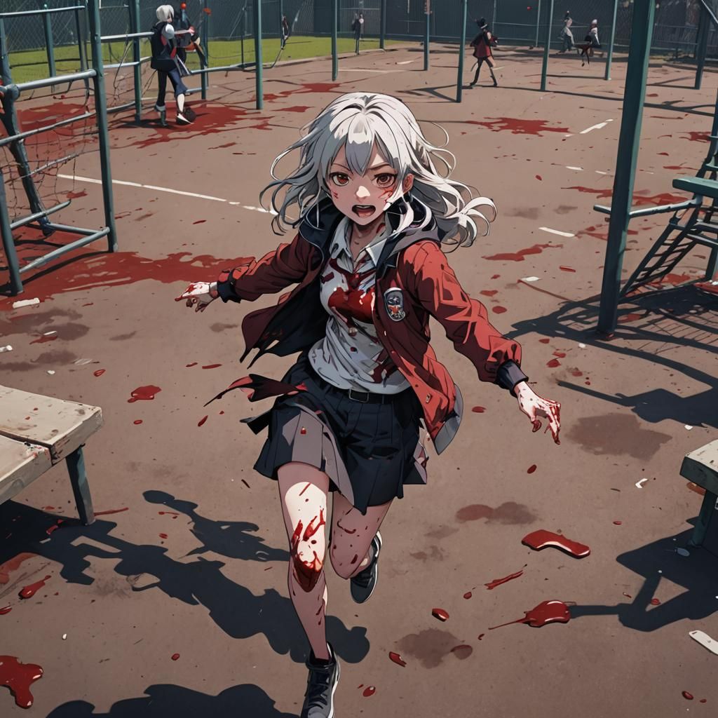 Bloody Anime Girl Chasing Viewer in Playground