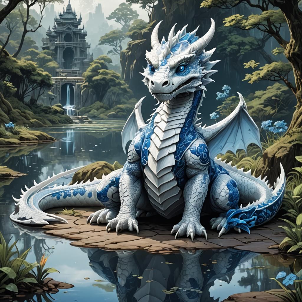 White Dragon with Blue Markings in CGI Style