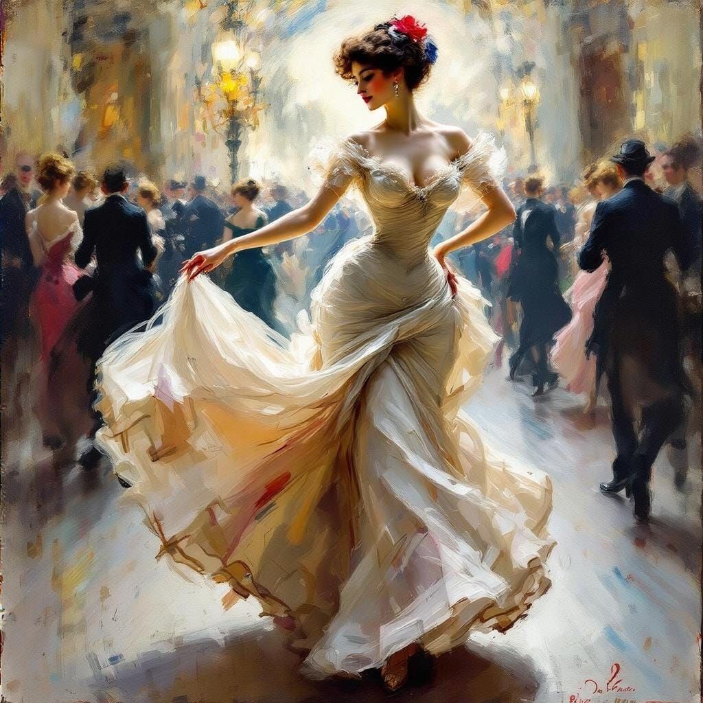 Elegant Woman in a Swirling Belle Époque Gown