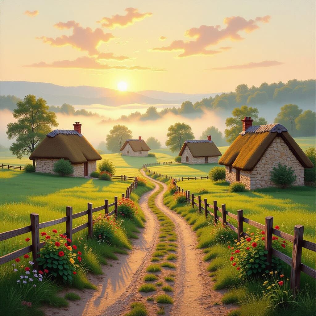 Vintage Oil Painting of Sunrise Village with Misty Meadows