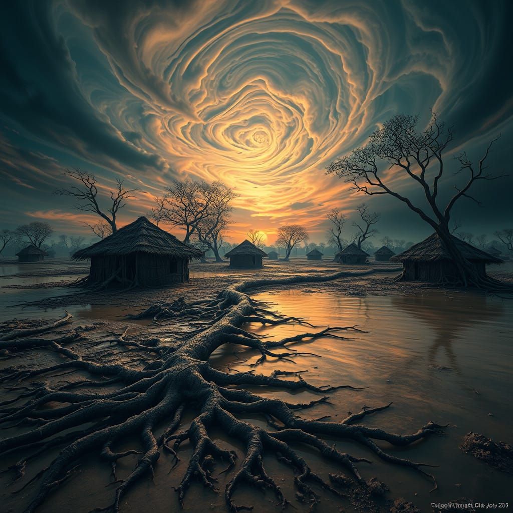 Flooded Dystopian African Landscape in Cyberpunk Style