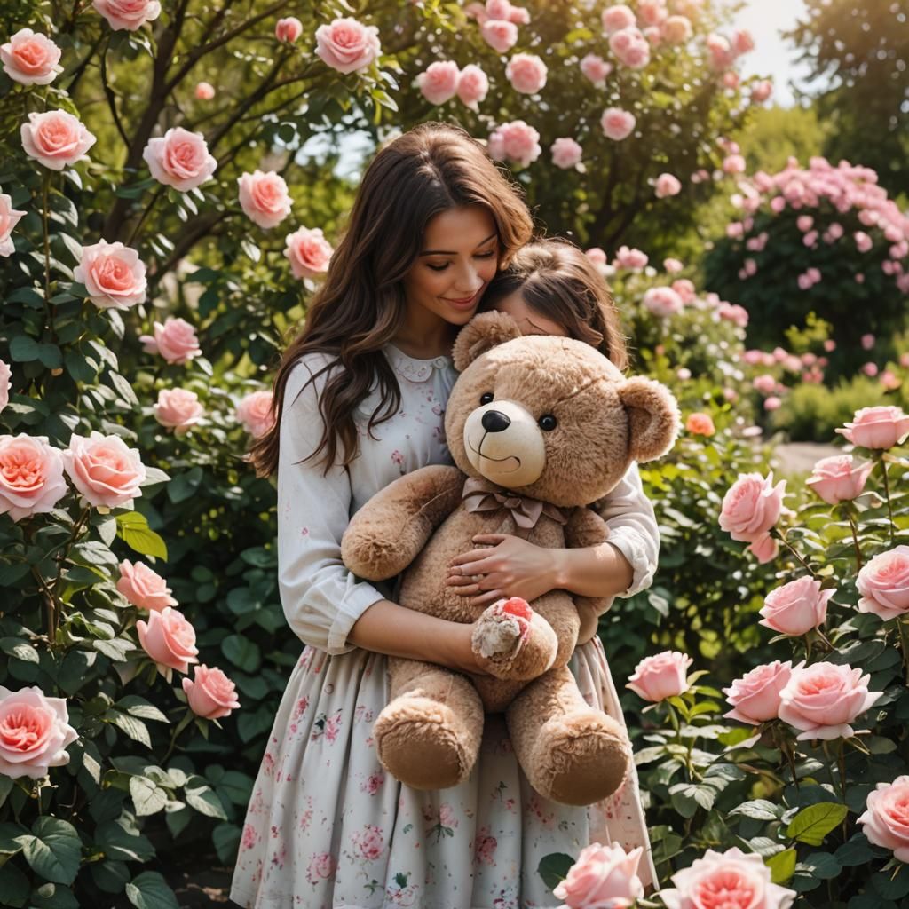 Girl and Teddy Bear Hug in Rose Garden