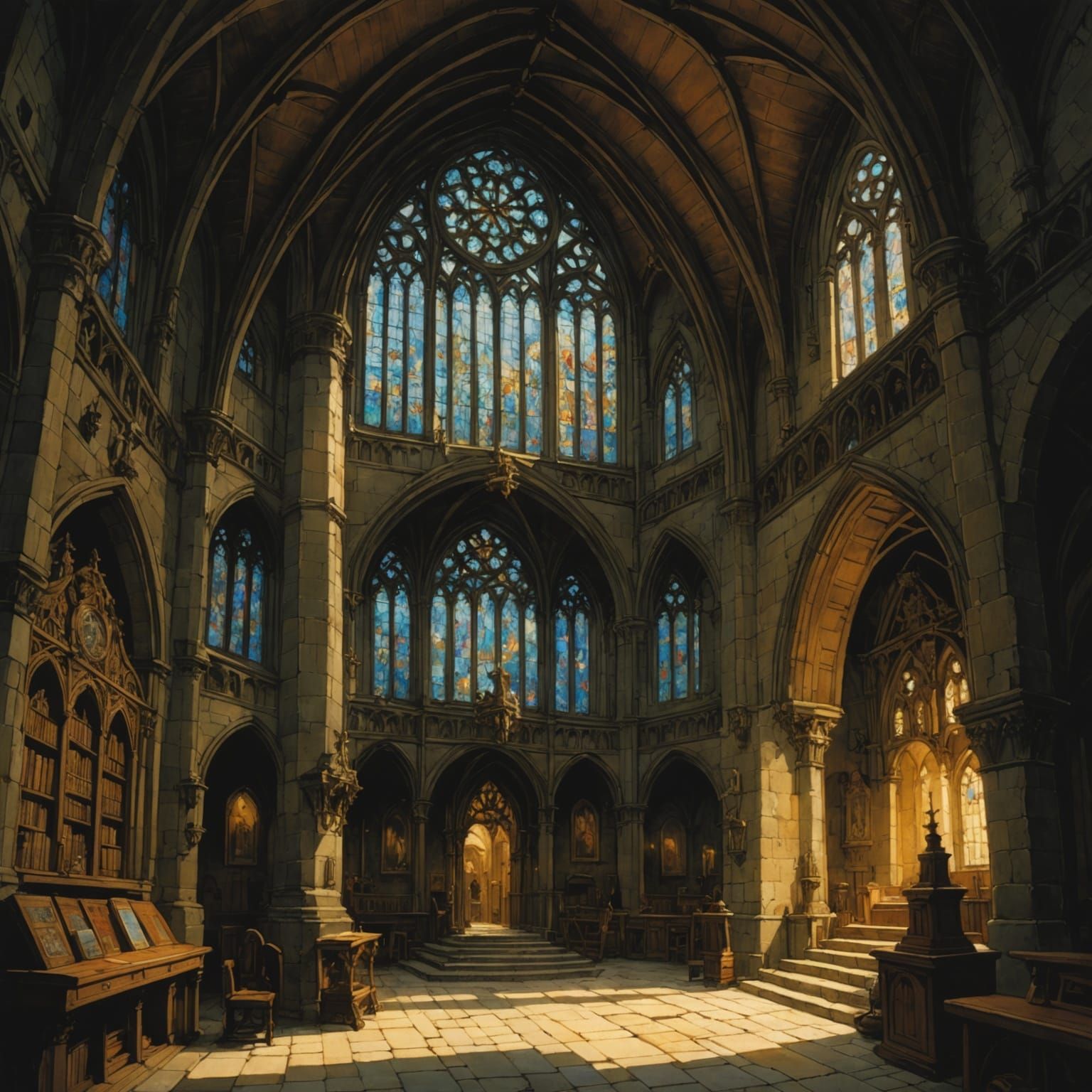 Fantasy Chapel Interior in Chiaroscuro Style