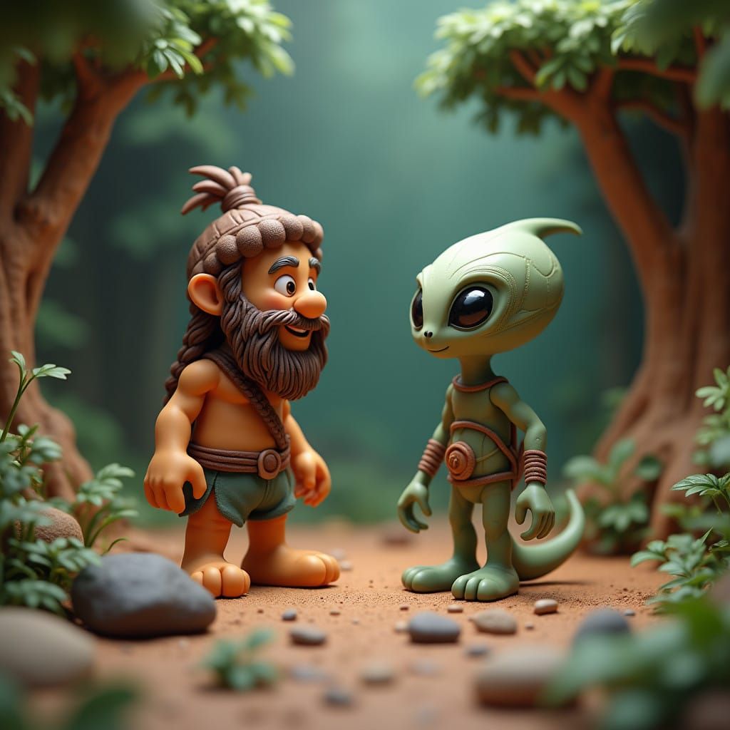 Caveman and Alien Claymation in a Miniature Landscape