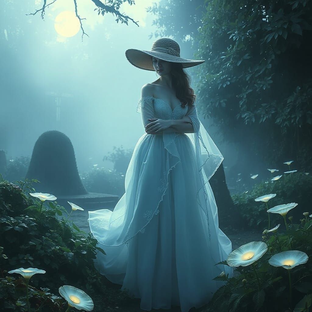 Ethereal Woman in Mist Gown and Hat