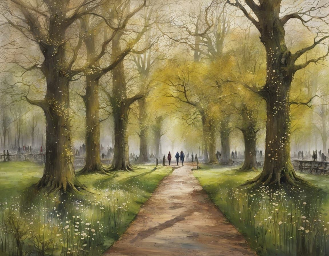 Surreal Landscape with Ancient Trees in Vibrant Spring