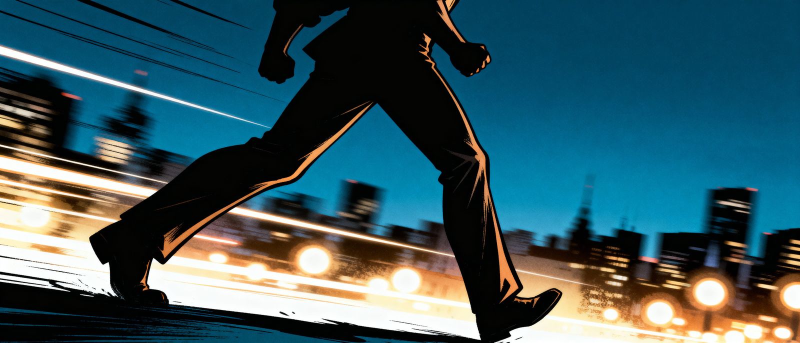 Determined Figure Striding Through City Lights